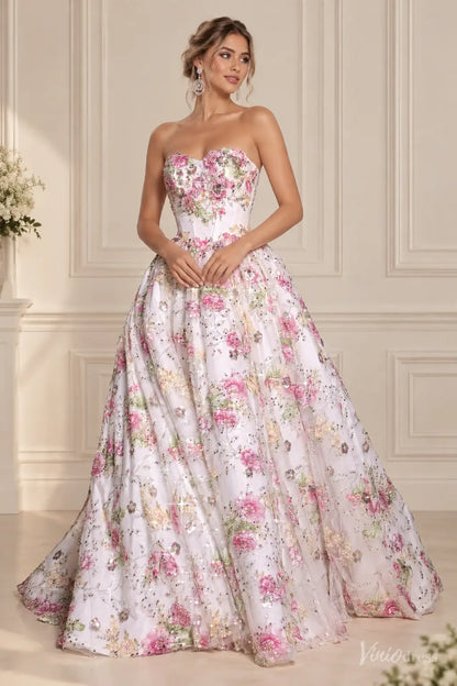 Pink Floral Wedding Dress with Sparkly Sequins, Strapless Corset & Ball Gown Skirt FW317