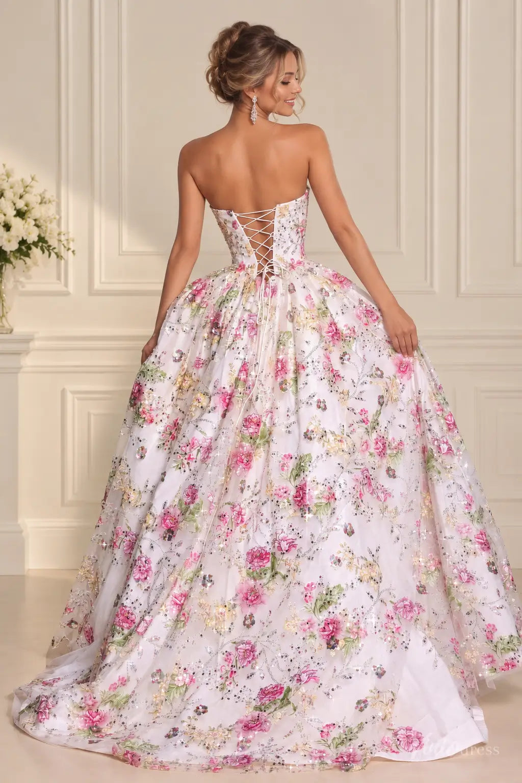 Pink Floral Wedding Dress with Sparkly Sequins, Strapless Corset & Ball Gown Skirt FW317