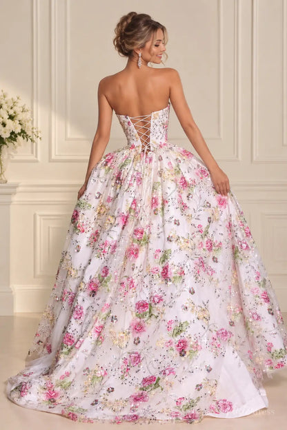 Pink Floral Wedding Dress with Sparkly Sequins, Strapless Corset & Ball Gown Skirt FW317