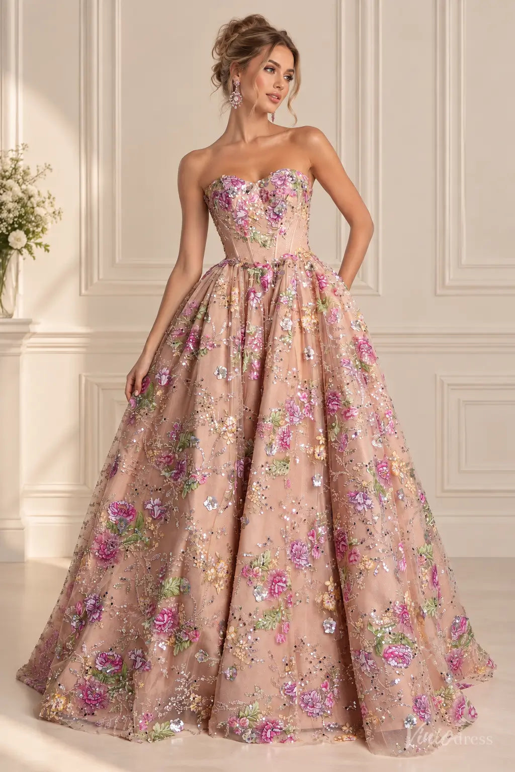 Pink Floral Wedding Dress with Sparkly Sequins, Strapless Corset & Ball Gown Skirt FW317