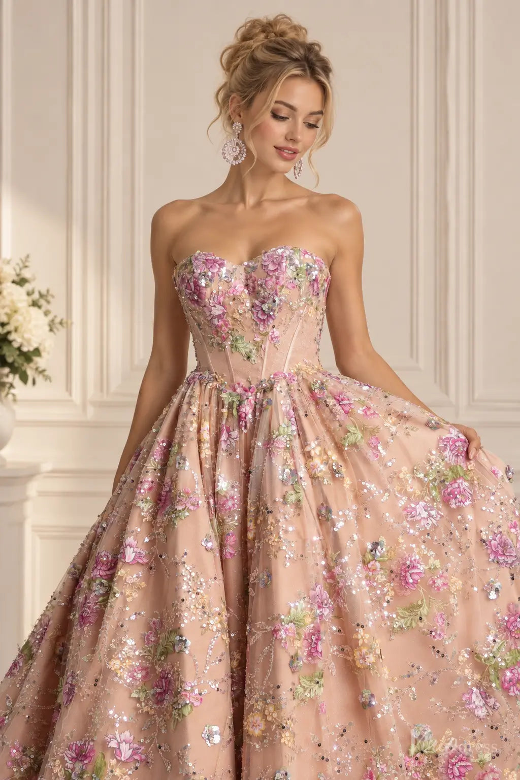 Pink Floral Wedding Dress with Sparkly Sequins, Strapless Corset & Ball Gown Skirt FW317