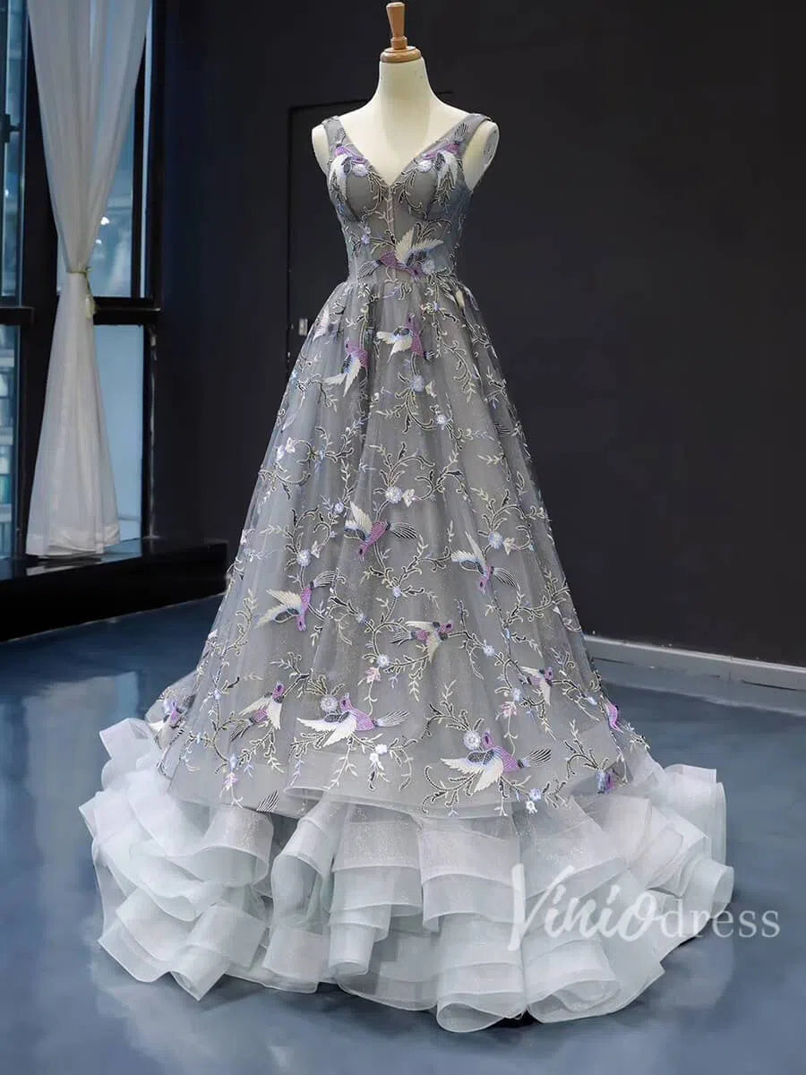 Fairytale Bird Embroidery Prom Dresses Formal Evening Gowns FD1282-prom dresses-Viniodress-Grey-US 2-Viniodress