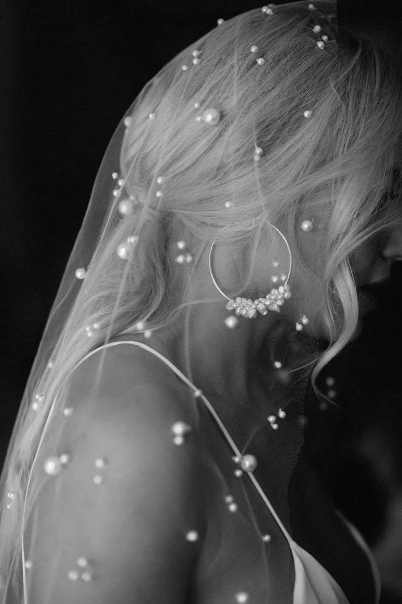 Fingertip Length Blusher Veils With Pearls Ivory Drop Veil AC1007-Bridal Veil 2025 -Viniodress-Ivory-