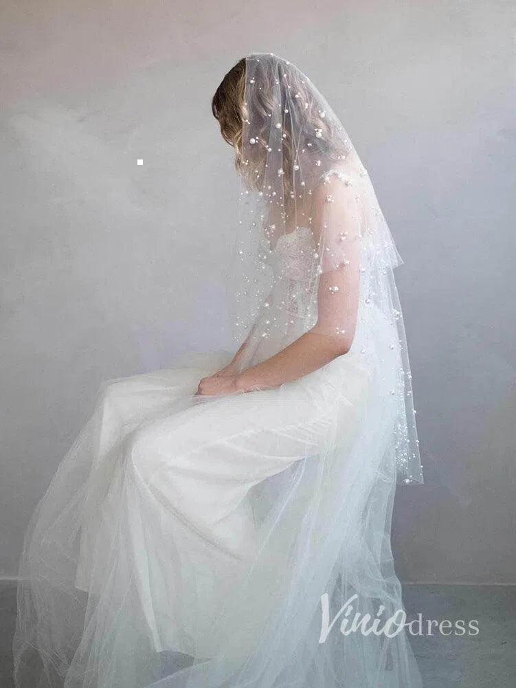 Fingertip Length Blusher Veils With Pearls Ivory Drop Veil AC1007-Bridal Veil 2025 -Viniodress-Ivory-