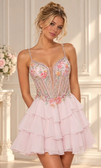 Blush pink homecoming dress with floral embroidery, beaded corset bodice, and a tiered ruffle mini skirt.