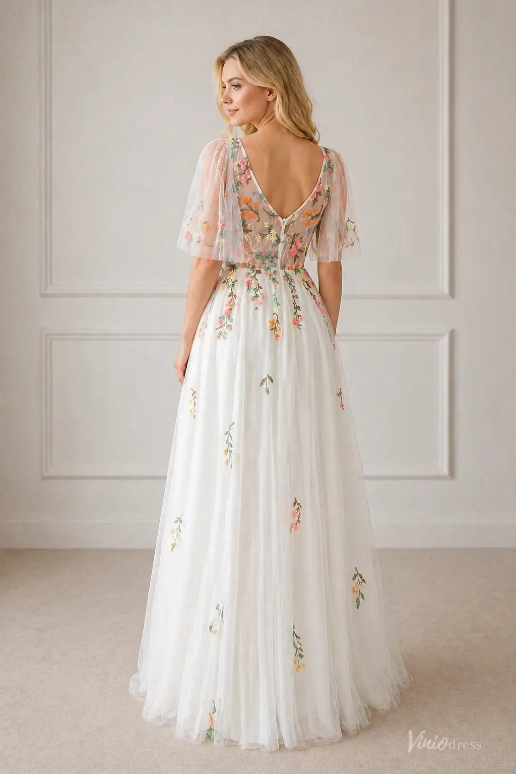 Floral Botanical Elopement Wedding Dresses Whimsical Angel Sleeve Bridal Gown FW212-wedding dresses 2026-Viniodress-Ivory-Custom Size – Add Measurements in Cart-