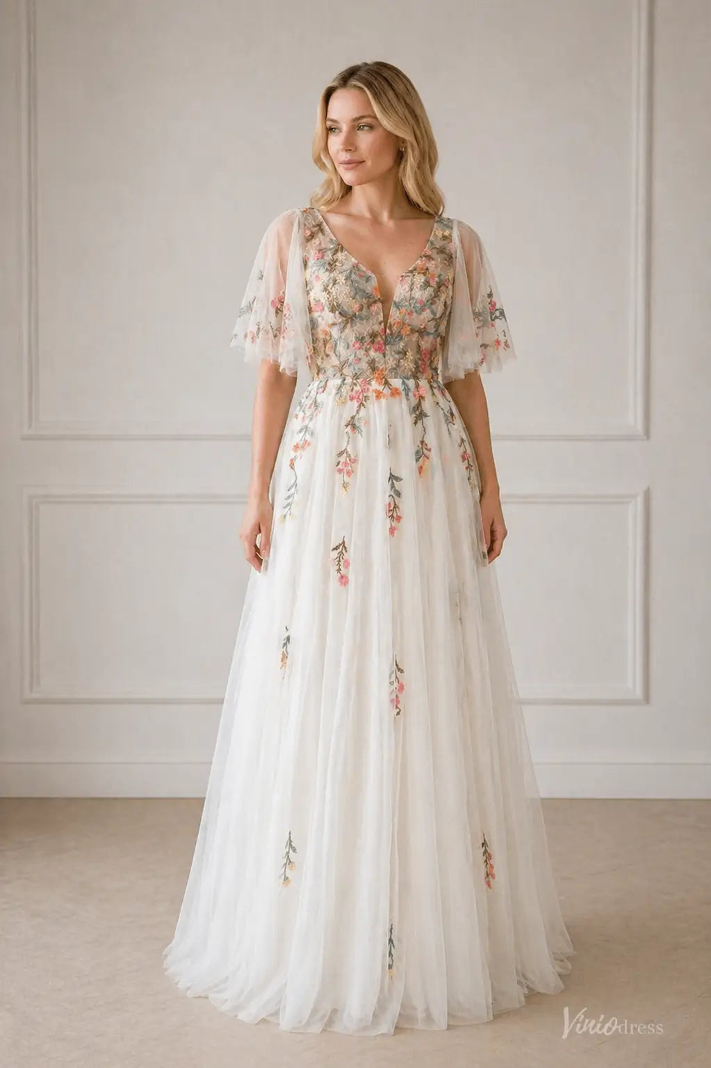 Floral Botanical Elopement Wedding Dresses Whimsical Angel Sleeve Bridal Gown FW212-wedding dresses 2026-Viniodress-Ivory-Custom Size – Add Measurements in Cart-