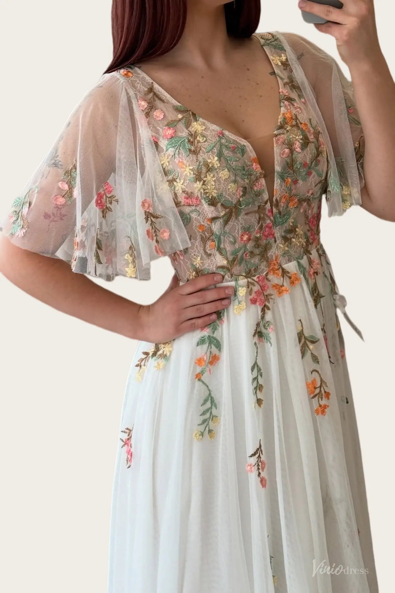 Floral Botanical Elopement Wedding Dresses Whimsical Angel Sleeve Bridal Gown FW212-wedding dresses 2026-Viniodress-Ivory-Custom Size – Add Measurements in Cart-