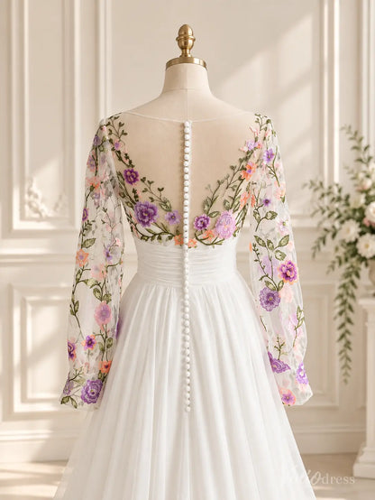 Ivory chiffon A-line wedding dress with floral embroidered bishop sleeves, illusion back, and button-down detail.