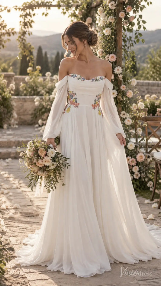 Floral chiffon A-line wedding dress with off-the-shoulder bishop sleeves and colorful botanical embroidery.