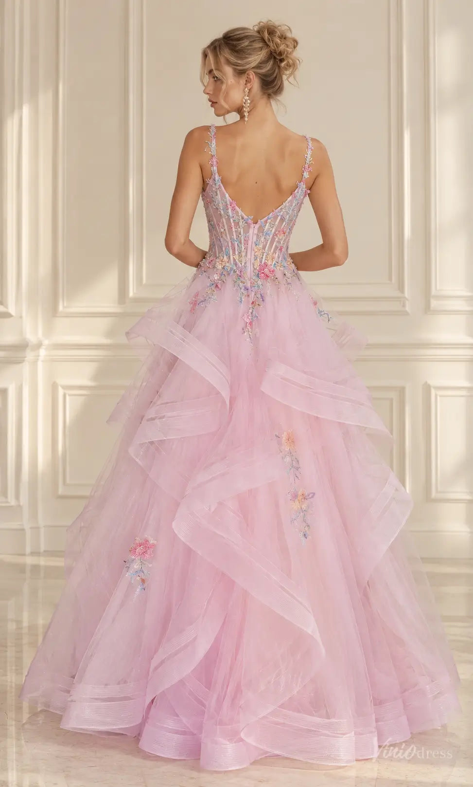 Floral Corset Prom Dresses Layered Sparkly Tulle Ball Gown with Ruffles LY029