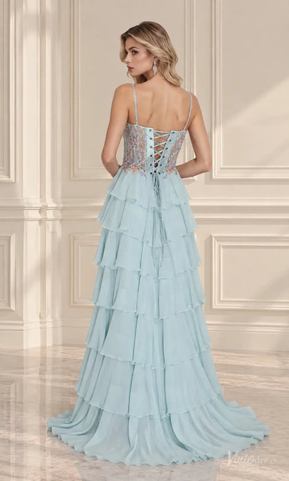 Floral Corset Ruffle Chiffon Prom Dresses with Lace-Up Back RF510