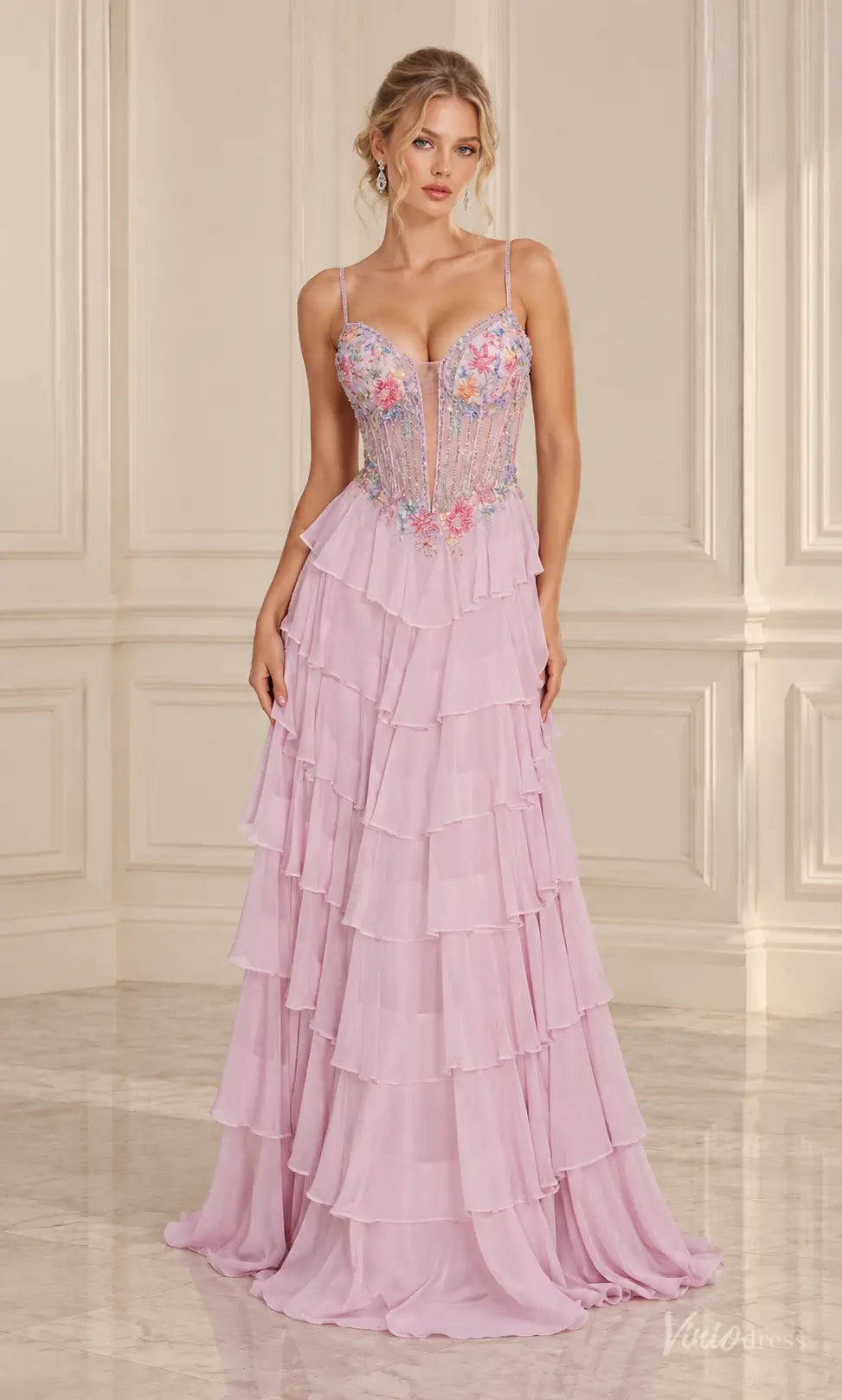 Floral Corset Ruffle Chiffon Prom Dresses with Lace-Up Back RF510