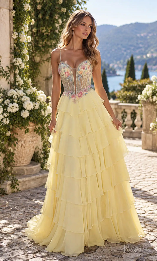 Floral Corset Ruffle Chiffon Prom Dresses with Lace-Up Back RF510