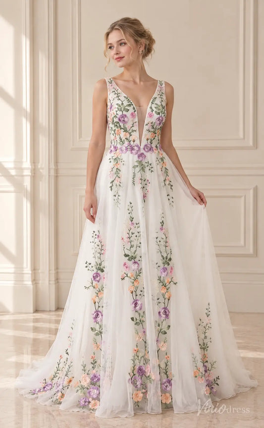 A-line wedding dress with colorful floral embroidery, plunging V-neck, and layered tulle skirt with a sweeping train.