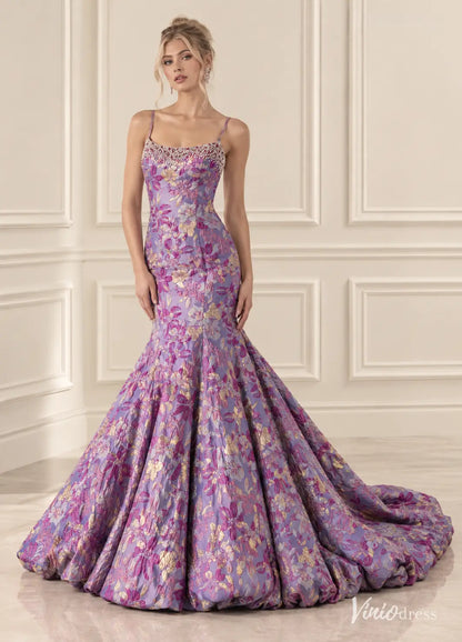 Floral Jacquard Mermaid Prom Dresses with Rhinestone Neckline & Bubble Hem Train JC045