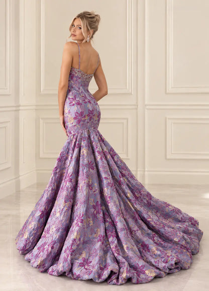 Floral Jacquard Mermaid Prom Dresses with Rhinestone Neckline & Bubble Hem Train JC045