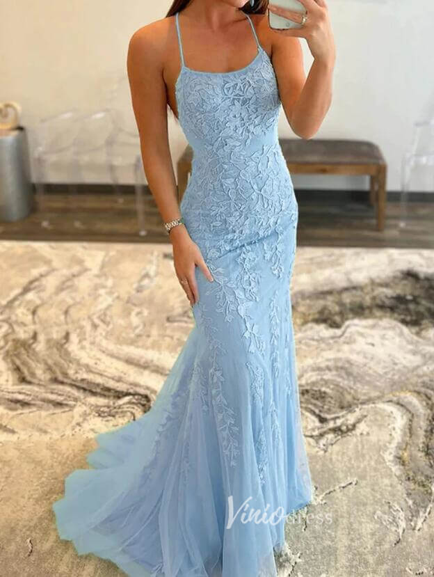 Hot Pink Lace Mermaid Prom Dresses Spaghetti Strap Evening Dress FD1250-prom dresses 2025 -Viniodress-Hot Pink-Custom Size-