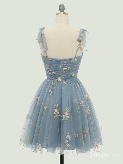 Floral Lace Homecoming Dresses Bow-Tie Spaghetti Strap Short Prom Dress FD4080S-prom dresses 2025 -Viniodress-Green-Custom Size-