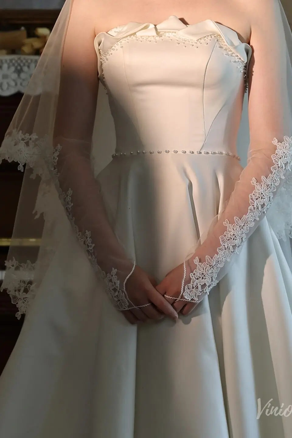 Floral Lace Illusion Bridal Sleeves with Finger Loop Elbow Bridal Gloves WG210-Bridal Gloves 2026-Viniodress-Ivory-