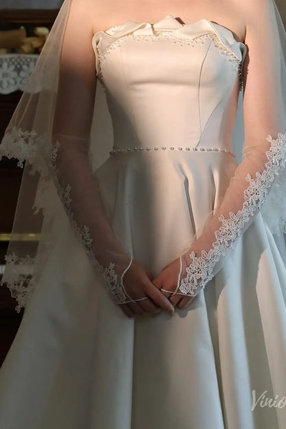 Floral Lace Illusion Bridal Sleeves with Finger Loop Elbow Bridal Gloves WG210-Bridal Gloves 2026-Viniodress-Ivory-
