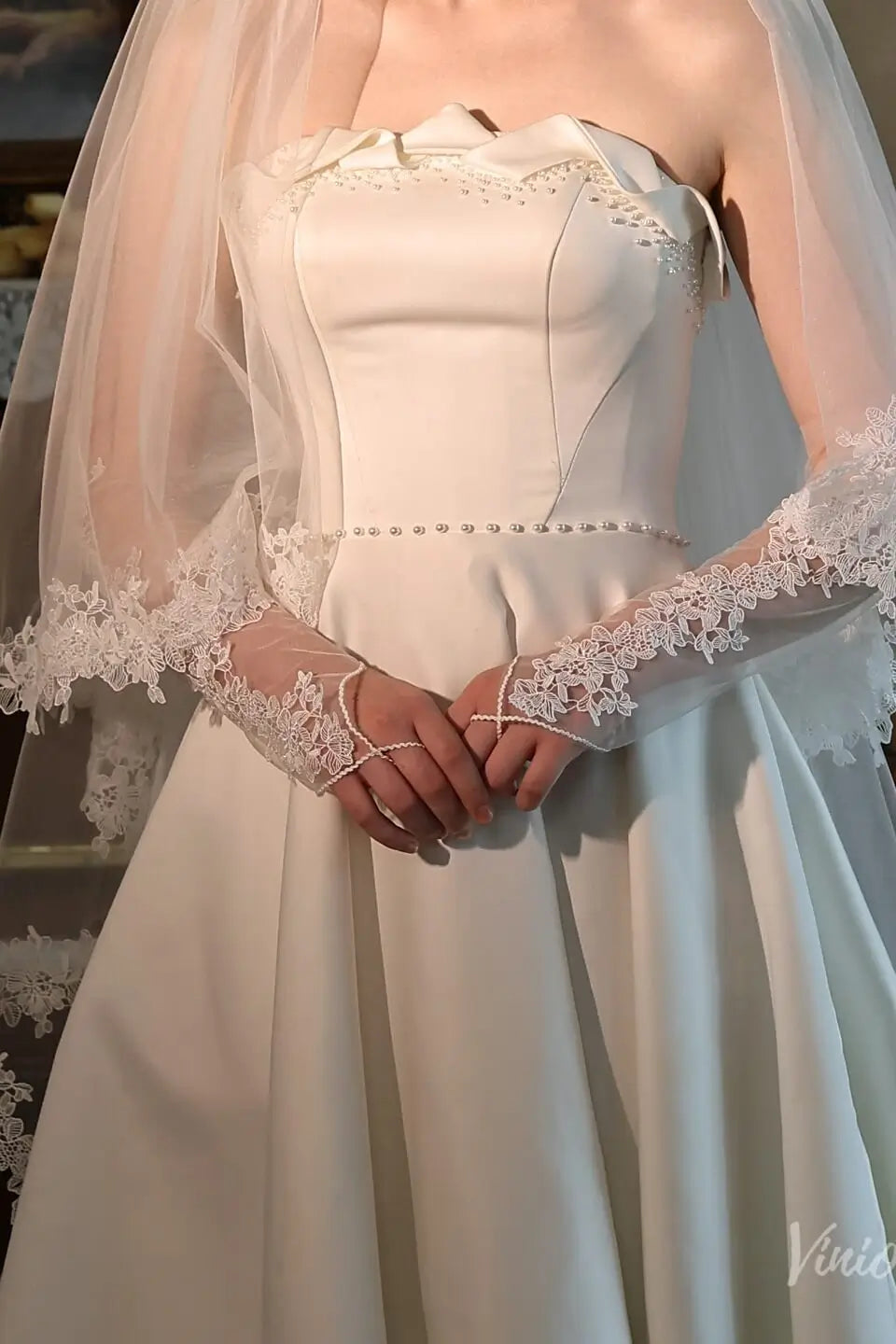 Floral Lace Illusion Bridal Sleeves with Finger Loop Elbow Bridal Gloves WG210-Bridal Gloves 2026-Viniodress-Ivory-