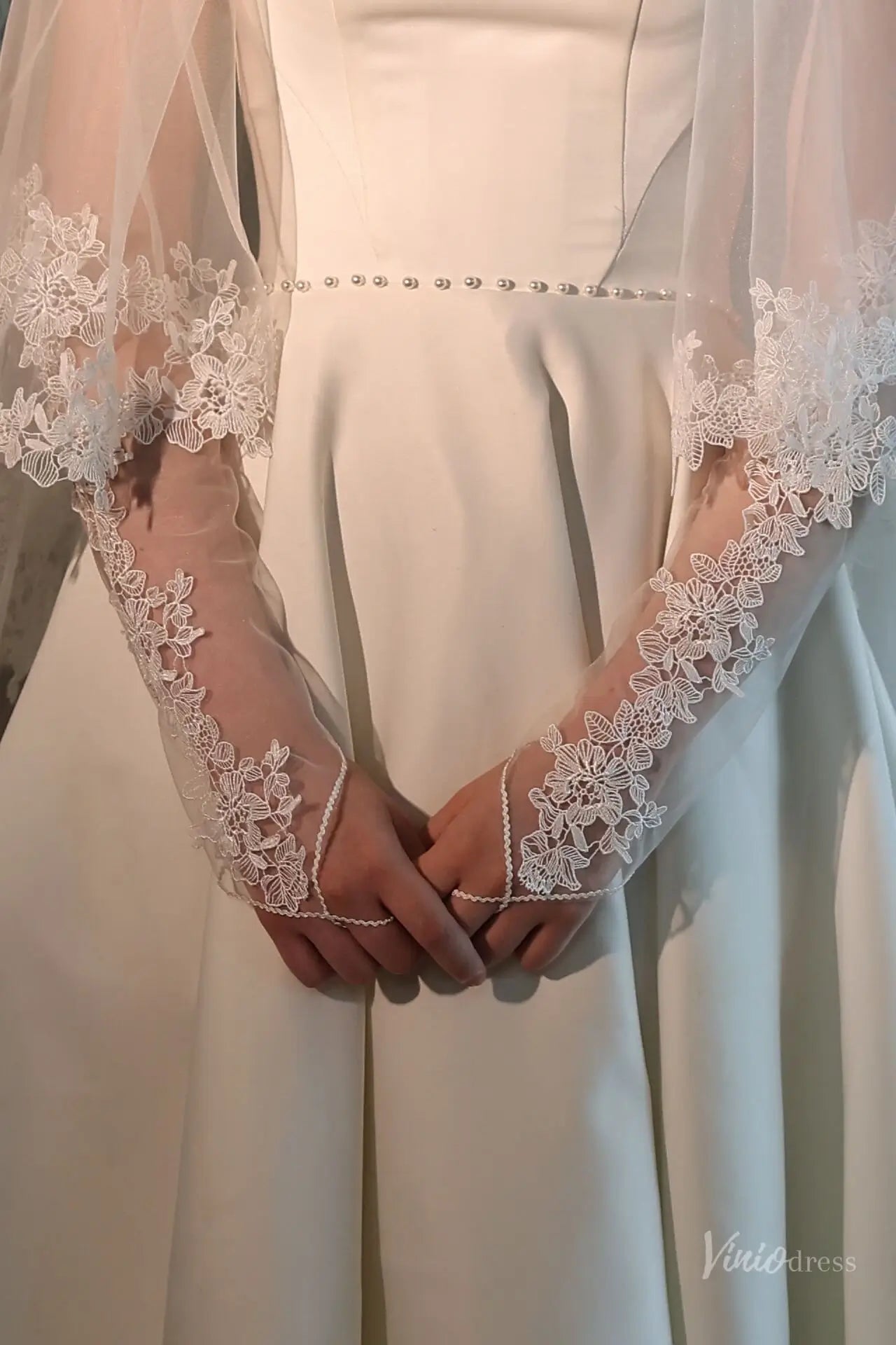 Floral Lace Illusion Bridal Sleeves with Finger Loop Elbow Bridal Gloves WG210-Bridal Gloves 2026-Viniodress-Ivory-