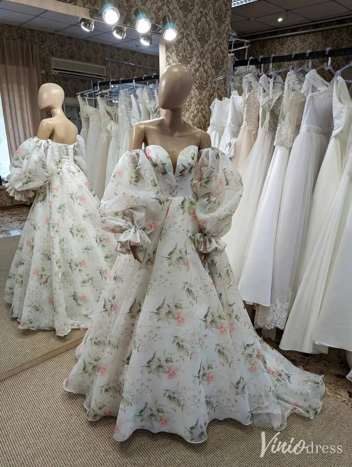 Floral Off Shoulder Wedding Dress with Puffy Sleeves, Sweetheart Neck, Corset Back – VW2580-wedding dresses 2025 -Viniodress-Ivory-Custom Size-