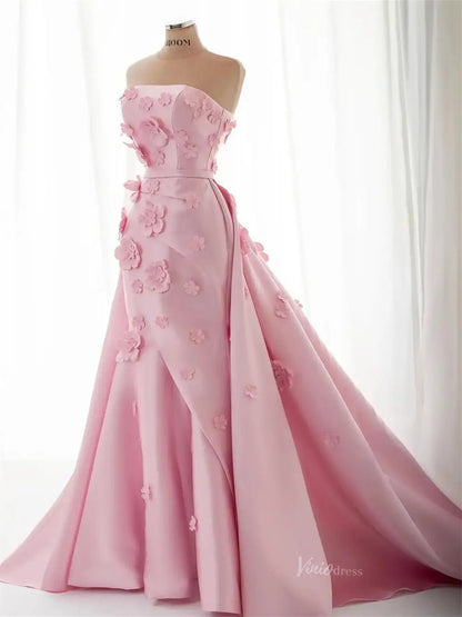 Floral Pink Mermaid Prom Dresses Overskirt Satin Wedding Dresses, Corset Back, Strapless BD060-prom dresses 2025 -Viniodress-Pink-US 2-