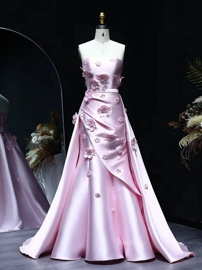 Floral Pink Mermaid Prom Dresses Overskirt Satin Wedding Dresses, Corset Back, Strapless BD060-prom dresses 2025 -Viniodress-Pink-US 2-