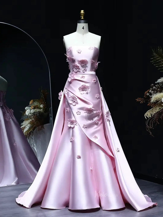 Floral Pink Mermaid Prom Dresses Overskirt Satin Wedding Dresses, Corset Back, Strapless BD060-prom dresses 2025 -Viniodress-Pink-US 2-