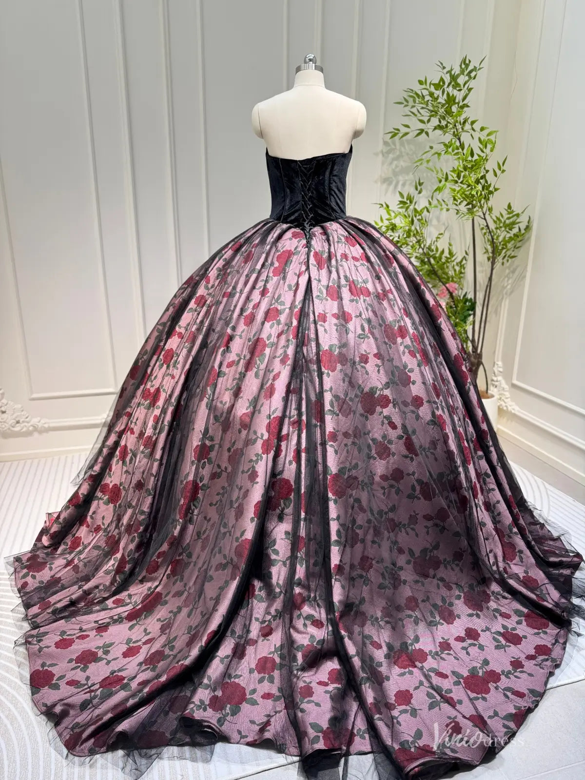 Floral Rose Print Quinceanera Dress with Black Velvet Bodice, Sweetheart Neckline & Ball Gown Skirt