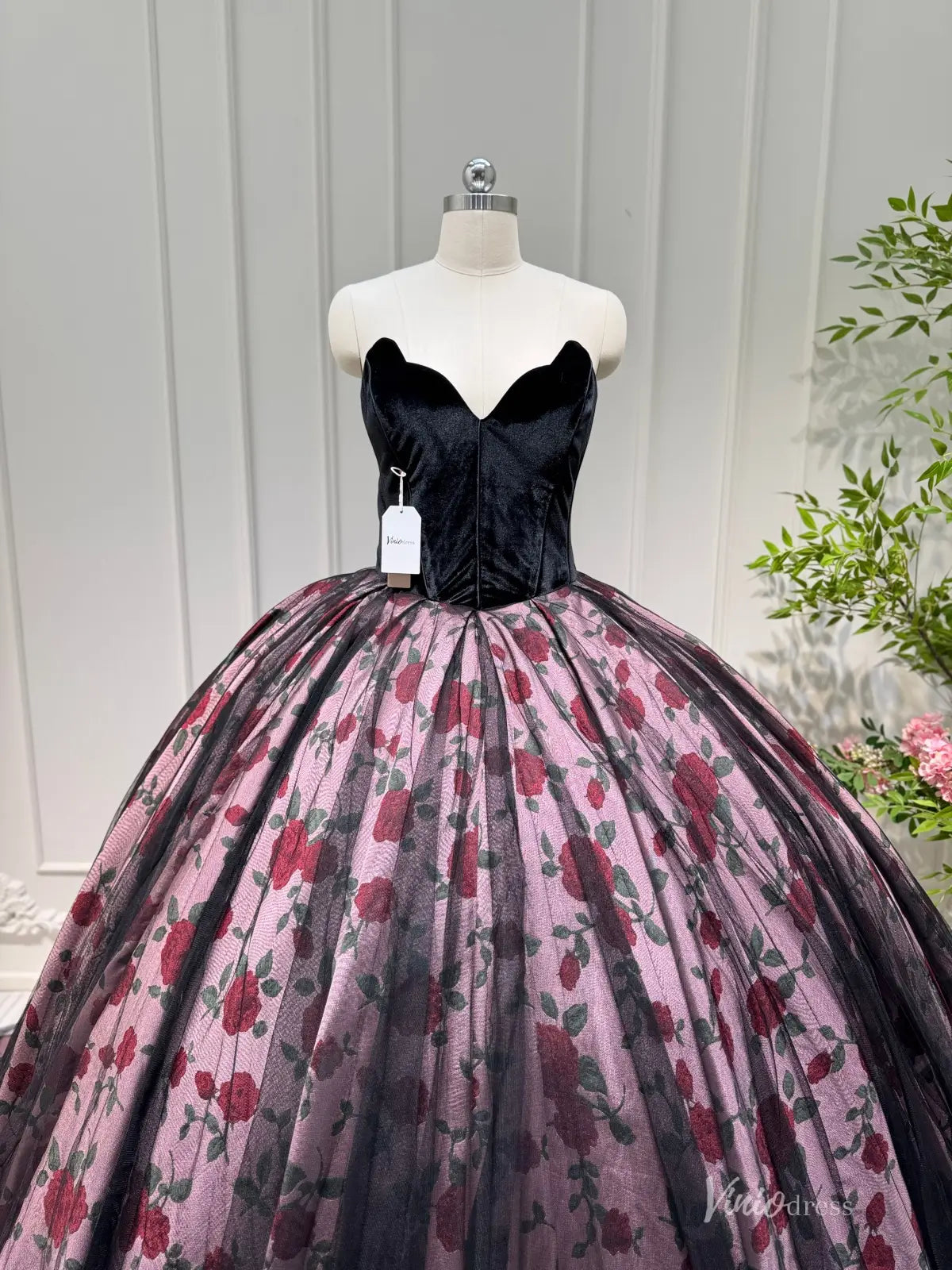 Floral Rose Print Quinceanera Dress with Velvet Bodice