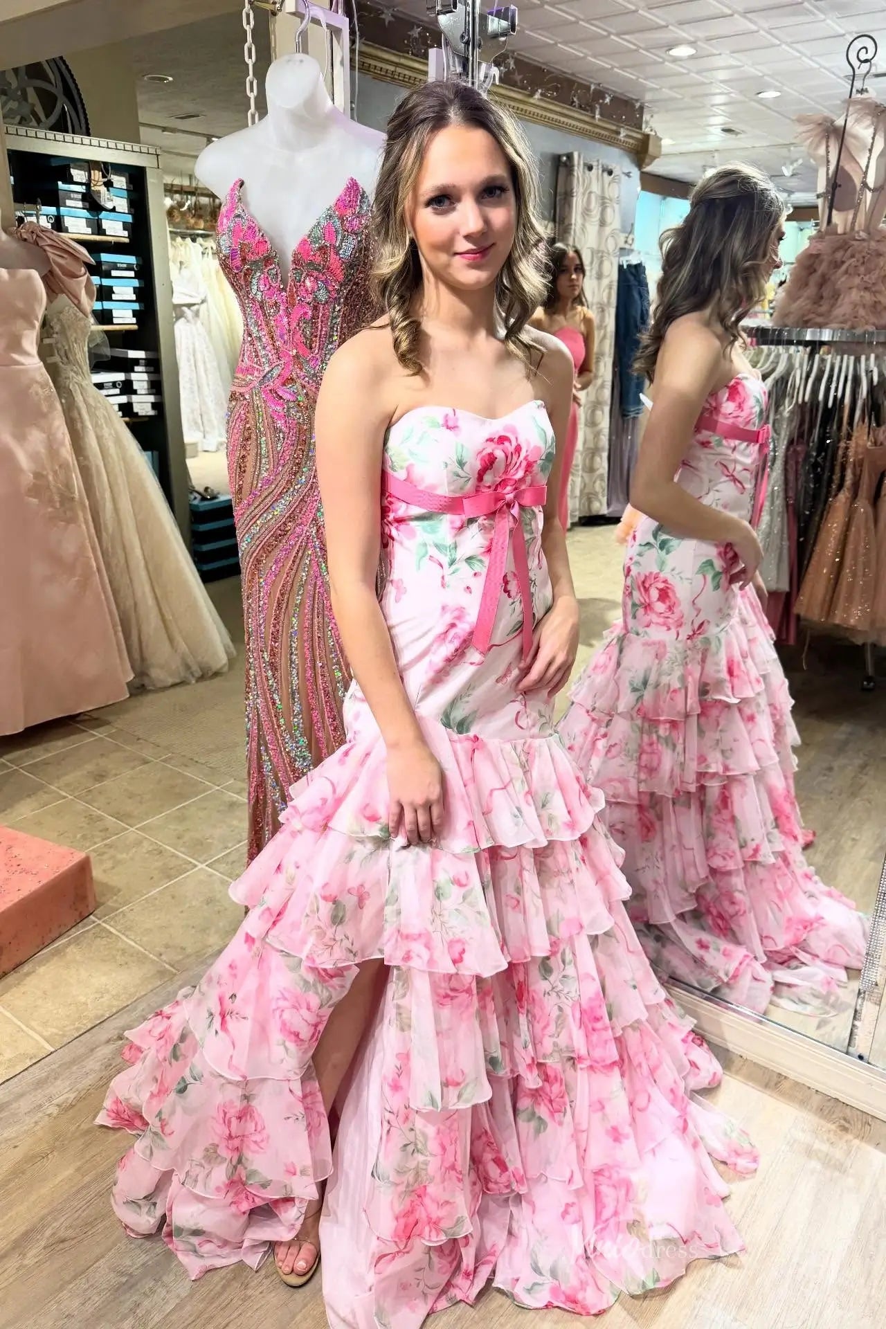 Floral Strapless Mermaid Prom Dress with Chiffon Waist Bow & Tiered Ruffles RF057-prom dresses 2026-Viniodress-Light Blue-Custom Size-