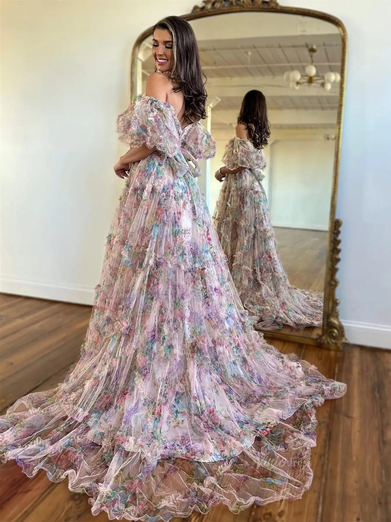 Floral Tulle Ruffled Prom Dresses 2025 Off the Shoulder Puffed Sleeve Formal Gown - FD5300-prom dresses 2025 -Viniodress-Ivory-Custom Size-