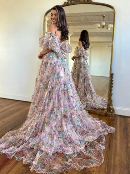 Floral Tulle Ruffled Prom Dresses 2025 Off the Shoulder Puffed Sleeve Formal Gown - FD5300-prom dresses 2025 -Viniodress-Ivory-Custom Size-