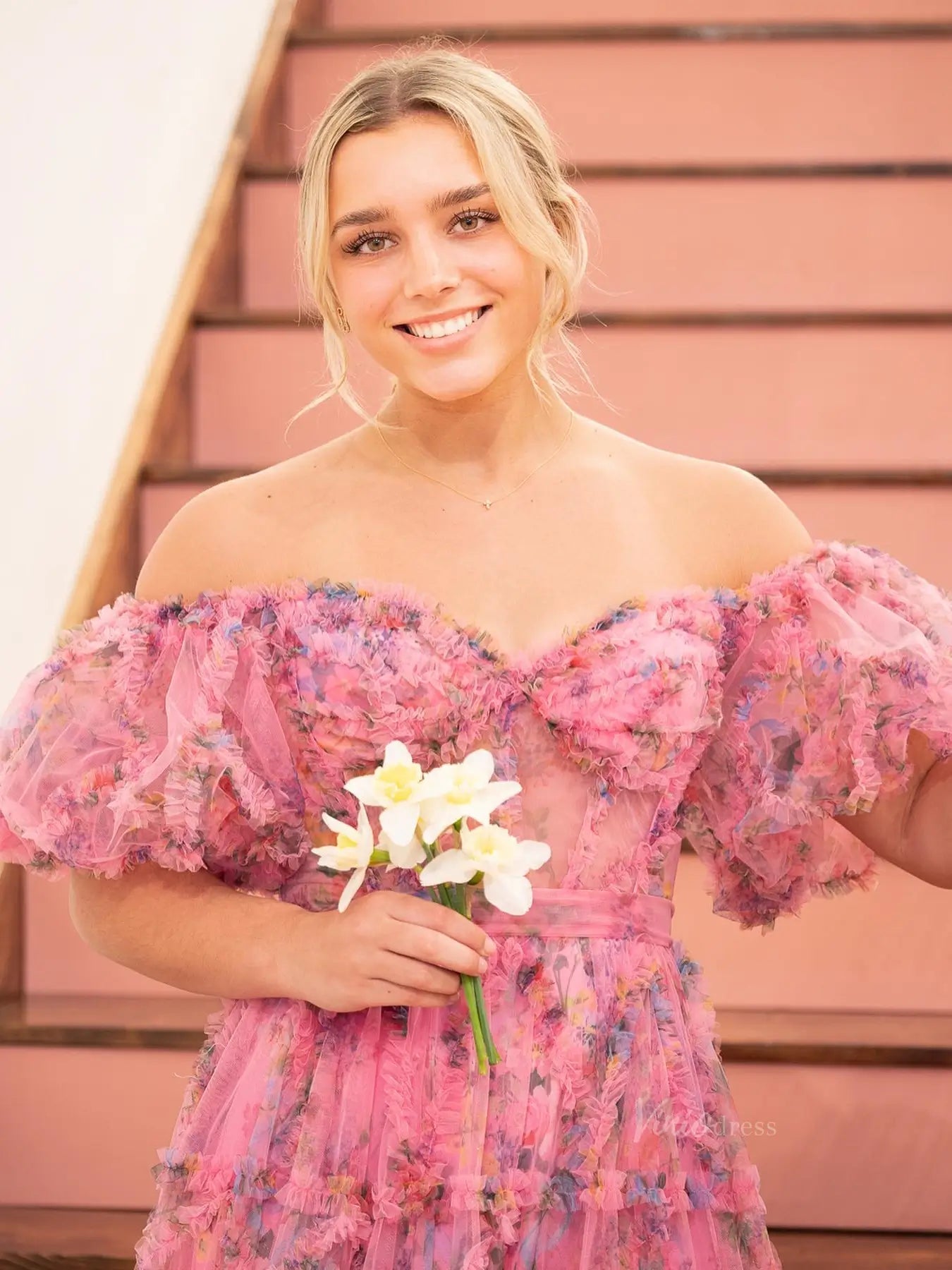 Floral Tulle Ruffled Prom Dresses 2025 Off the Shoulder Puffed Sleeve Formal Gown - FD5300-prom dresses 2025 -Viniodress-Ivory-Custom Size-