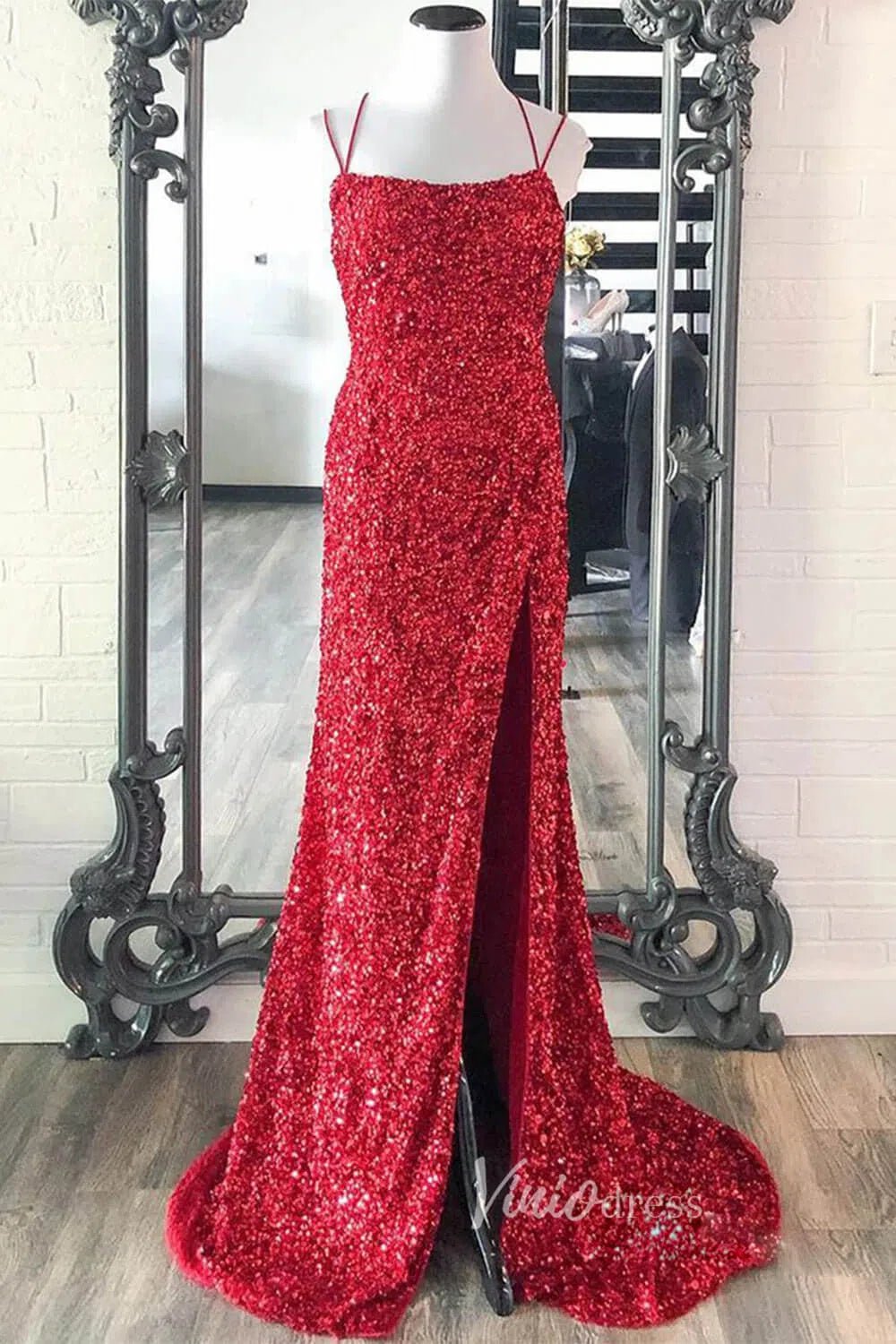 Fuchsia Pink Sequin Prom Dresses with Slit Mermaid Spaghetti Strap Evening Dress FD3290-prom dresses 2025 -Viniodress-Hot Pink-Custom Size-