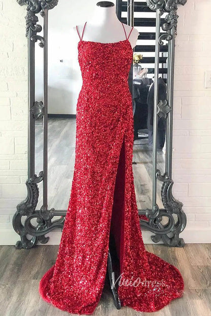 Fuchsia Pink Sequin Prom Dresses with Slit Mermaid Spaghetti Strap Evening Dress FD3290-prom dresses 2025 -Viniodress-Hot Pink-Custom Size-