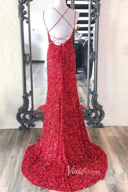 Fuchsia Pink Sequin Prom Dresses with Slit Mermaid Spaghetti Strap Evening Dress FD3290-prom dresses 2025 -Viniodress-Hot Pink-Custom Size-