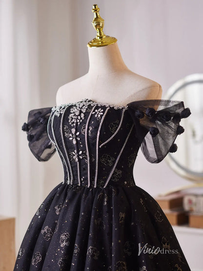 Glamorous Black Homecoming Dress with Off-Shoulder Puff Sleeves & Sparkly Floral Tulle Skirt – BJ099-prom dresses 2025 -Viniodress-Black-Custom Size-