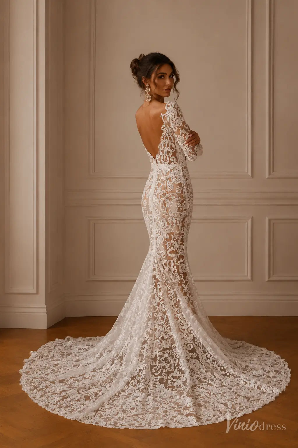 Long Sleeve Illusion Lace Mermaid Wedding Dress with V-Neck