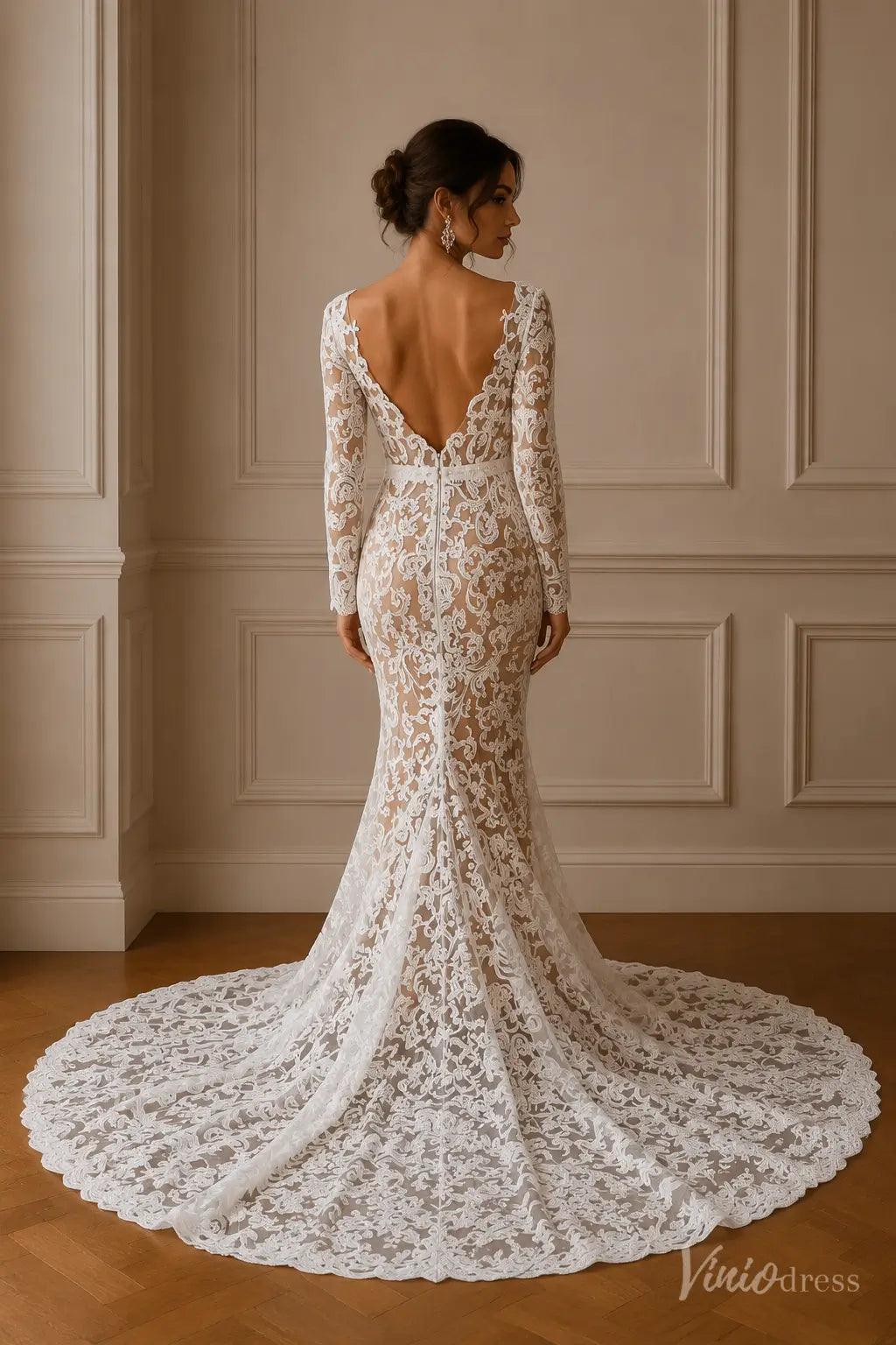 long sleeve lace overlay for wedding dress Illusion Mermaid with V-Neck Size:2.5
