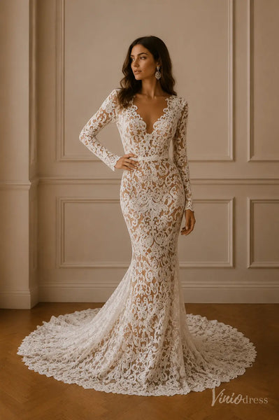 illusion lace long sleeve wedding dress Mermaid with V-Neck Color:SUMMER GARDEN SAND BIS-COLLECTION 2023 Trendy styles.Intricate lace Long Sleeve Dresses |