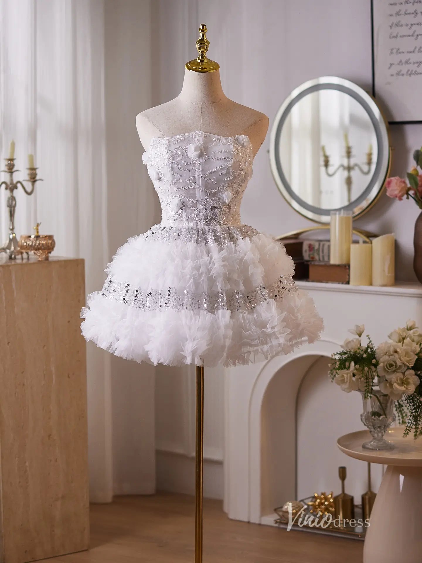 Glamorous White Sequin Homecoming Dress with Strapless Neckline & Layered Ruffle Skirt – BJ101-prom dresses 2025 -Viniodress-White-Custom Size-