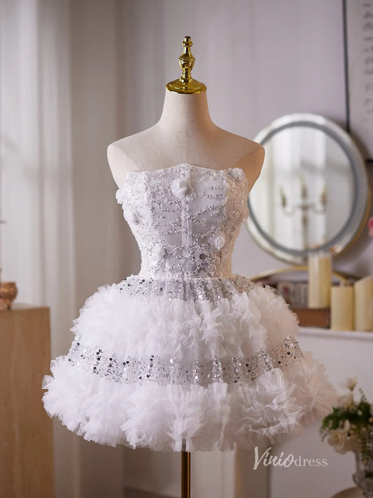 Glamorous White Sequin Homecoming Dress with Strapless Neckline & Layered Ruffle Skirt – BJ101-prom dresses 2025 -Viniodress-White-Custom Size-