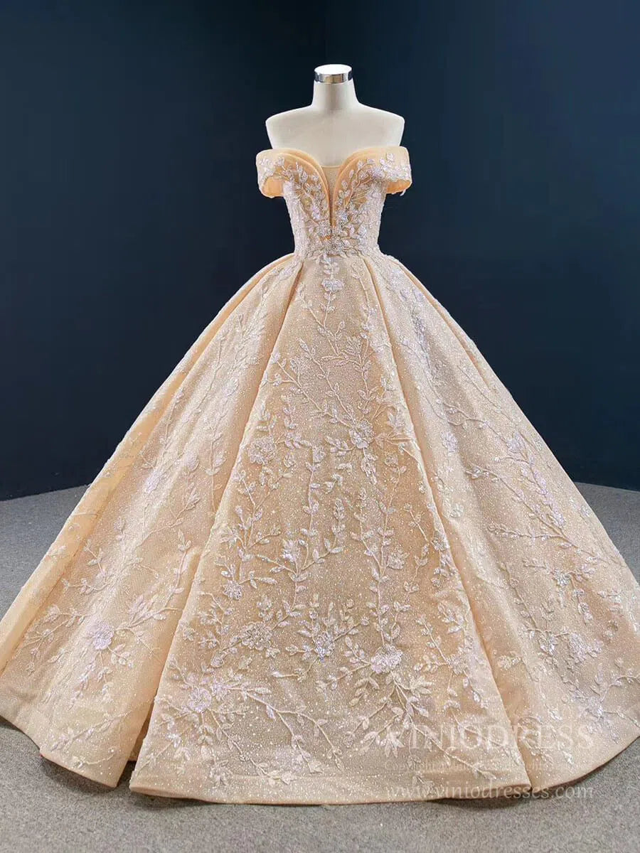 Glittery Champagne Quinceanera Dresses Off the Shoulder Prom Dress FD2432 viniodress-Quinceanera Dresses 2025 -Viniodress-As Picture-Custom Size-