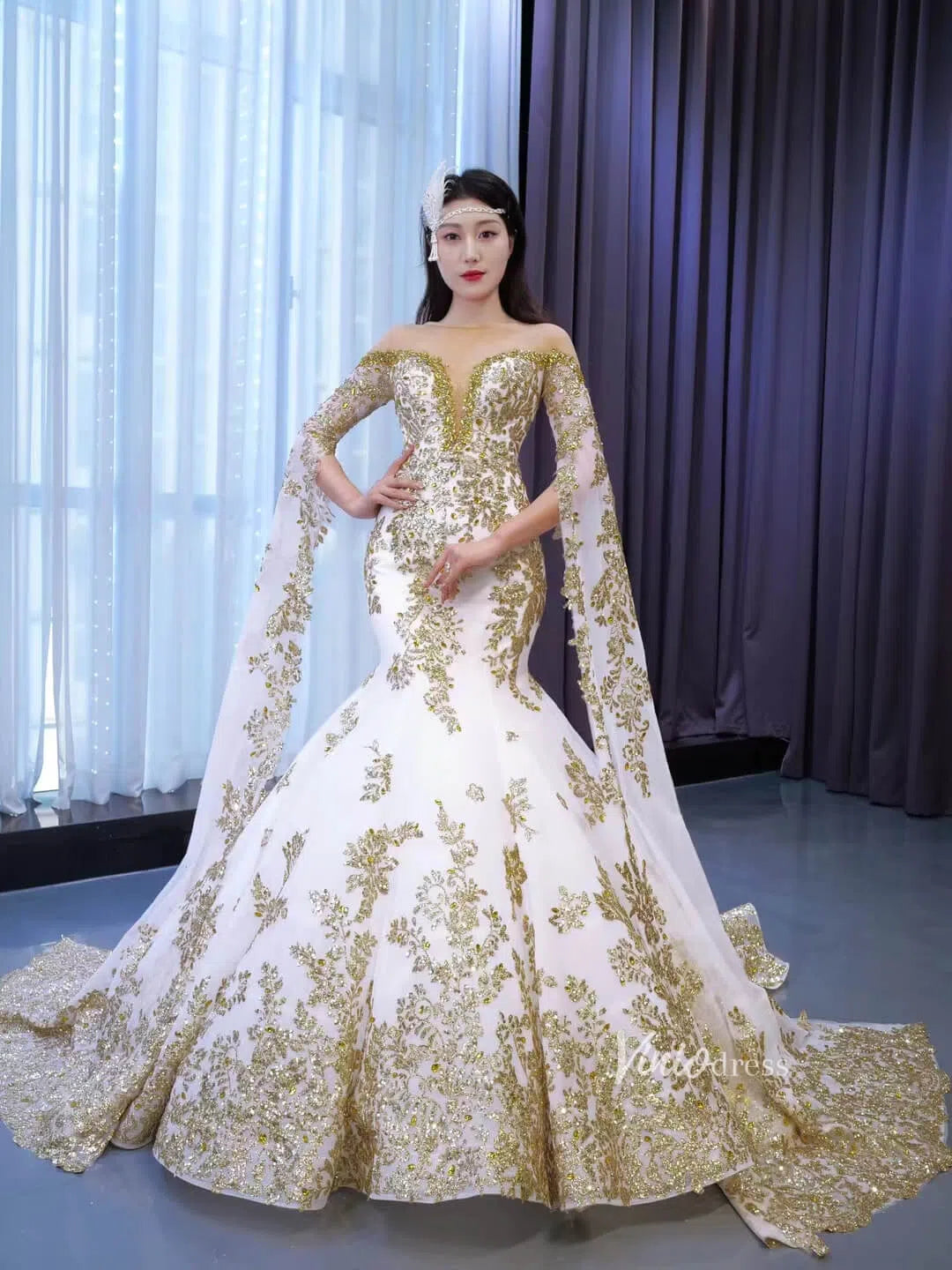 Glittery Gold Mermaid Pageant Gown Green Cape Sleeve Wedding Dress 674 – Viniodress