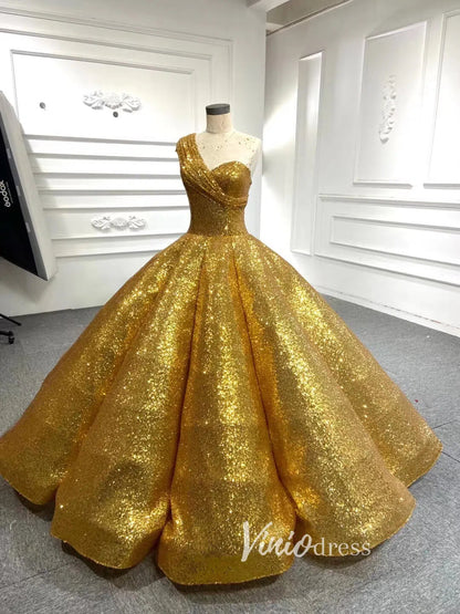 Glittery Sequin Gold Ball Gown Golden Wedding Dresses 66567 viniodress-Quinceanera Dresses 2025 -Viniodress-Red-Custom Size-
