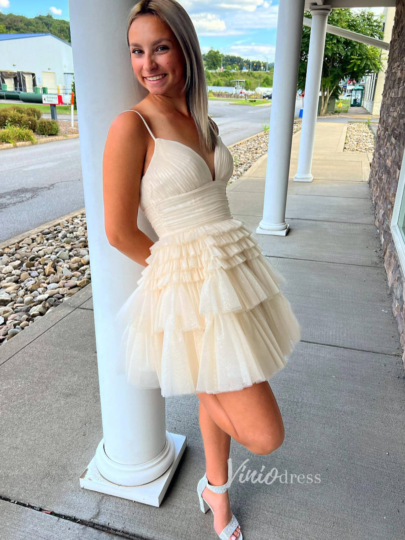 Glittery Tulle Homecoming Dresses A-line Tiered Short Graduation Dress SD1529-Homecoming Dresses 2025 -Viniodress-Pink-Custom Size-